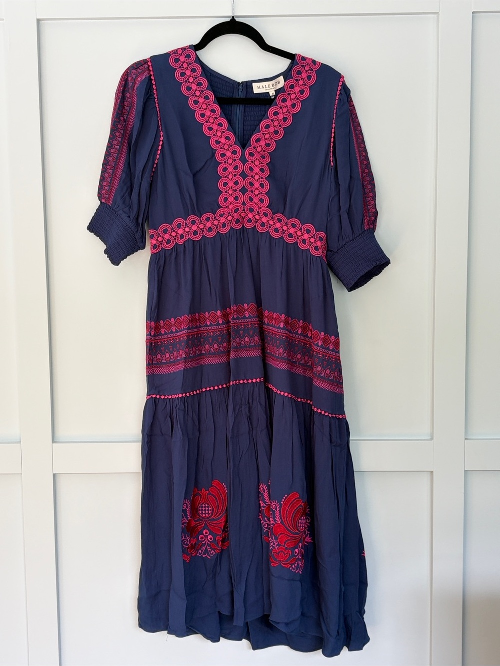 Hale Bob Navy Midi Dress with Pink Embroidery